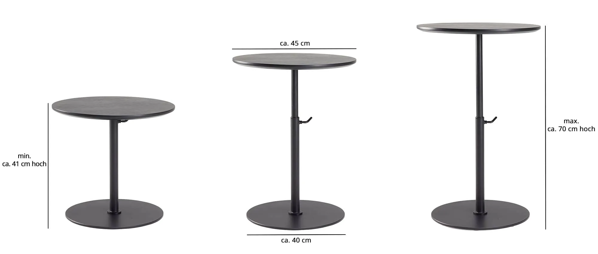 Der Tisch KIFFA von Innovation ist höhenverstellbar. Hier mit schwarz gebeizter Tischplatte aus Eichenholz.