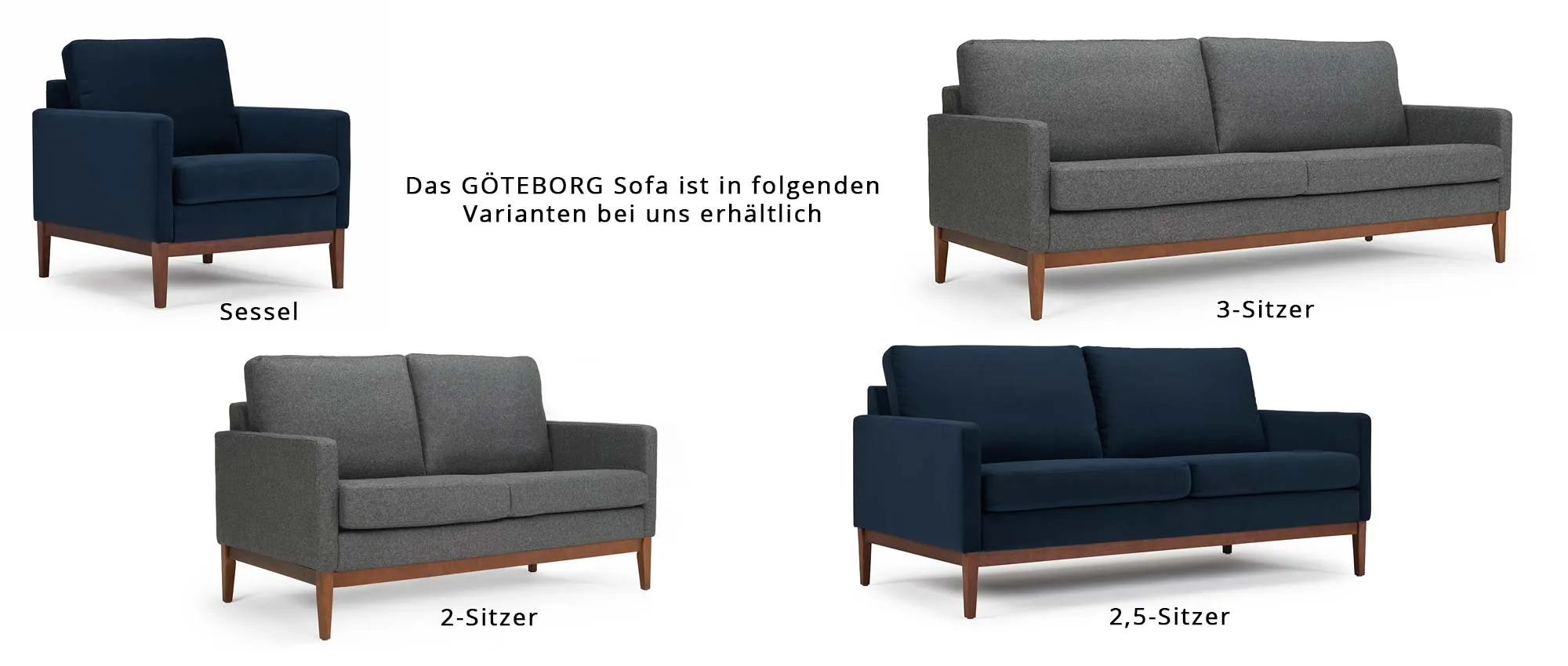 Das GÖTEBORG Designer Sofa ist als 2-Sitzer, 2,5-Sitzer, 3-Sitzer und als Sessel bei uns erhältlich