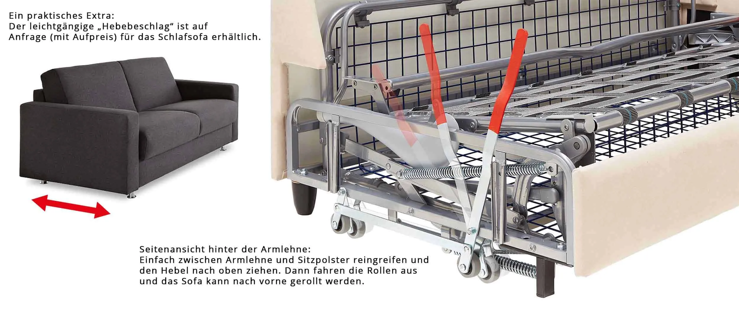 Mit dem Hebebeschlag (ausfahrbare Rollen) kann das eingeklappte Schlafsofa leichter von der Wand nach vorne bewegt werden
