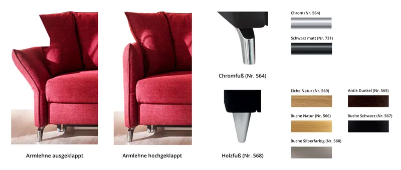 Schlafsofa DÜSSELDORF DELUXE ist mit verschiedenen Metall- und Holzfüßen erhältlich