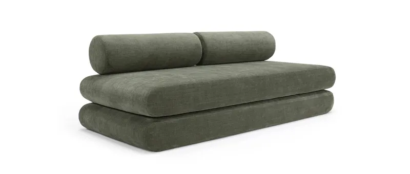 Das CIRCLUS Schlafsofa von Innovation mit runden Rückenkissen und im regulären Stoff Esina Olive Green (413)