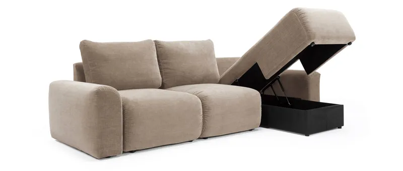 Unter dem Longchair des Innovation NORUM Eckschlafsofas befindet sich ein großer Bettkasten als Stauraum