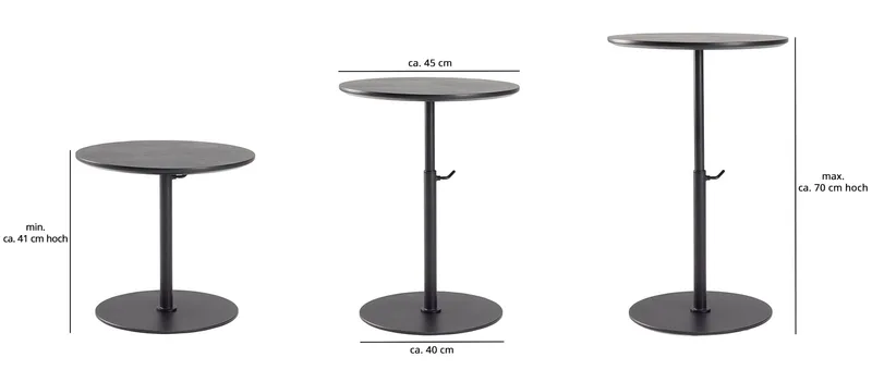 Der Tisch KIFFA von Innovation ist höhenverstellbar. Hier mit schwarz gebeizter Tischplatte aus Eichenholz.