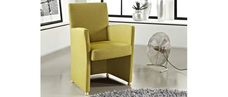 Der ULM DELUXE Designer Sessel im gelben Stoff und Holzfüßen in Buche Natur (361)