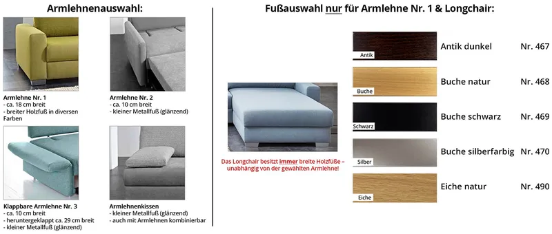 Wählen Sie zwischen verschiedenen Armlehnen - die Fußauswahl wird durch die gewählte Armlehne bestimmt