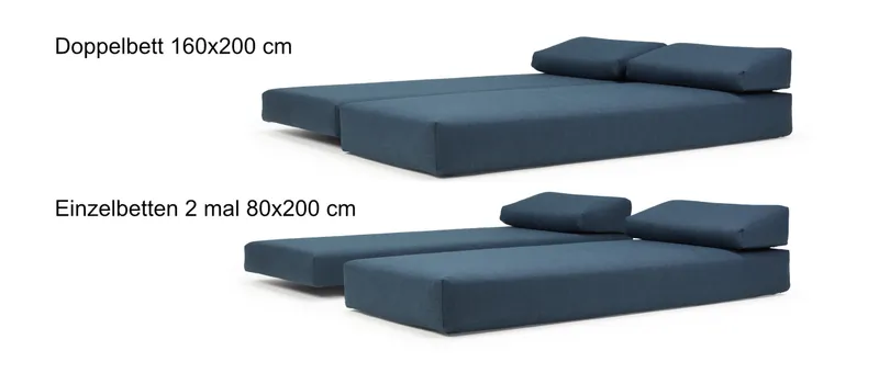 Als Doppelbett (160x200 cm) oder als zwei Einzelbetten je 80x200 cm nutzbar