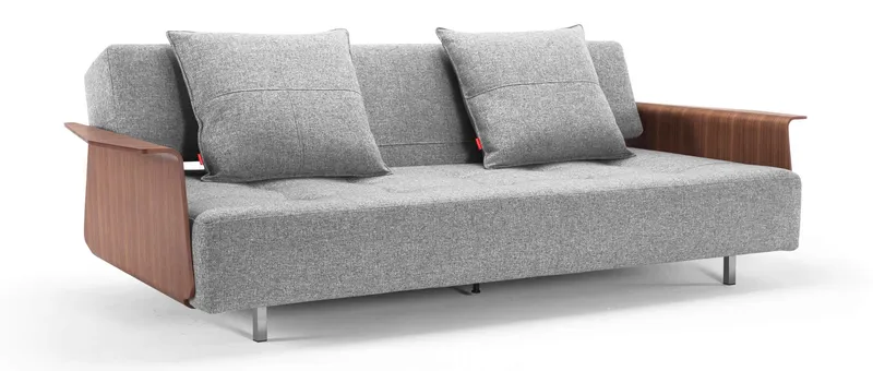Das LONG HORN EXCESS Schlafsofa mit Walnussholzfurnier-Armlehnen und zwei Rückenkissen (im Lieferumfang) im Stoff Twist Granite (565)