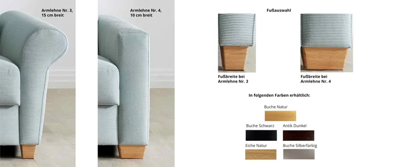 FREIBURG DELUXE Sessel mit verschiedenen Armlehnen und Holzfüßen