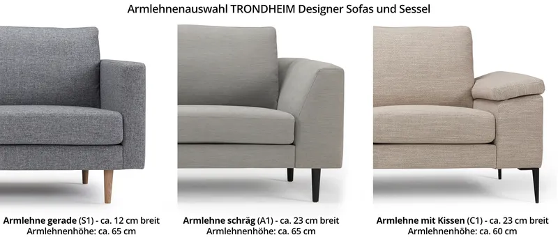Das TRONDHEIM Designer Ecksofa mit Eckanbau hat verschiedene Armlehnen zur Auswahl