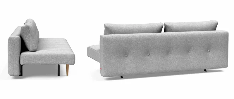 Das RECAST PLUS Schlafsofa mit hellen Styletto Holzfüßen in der Seiten- & Rückenansicht