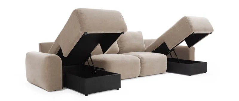 Die beiden Bettkästen unter den Longchairs bieten zusätzlichen Stauraum für Bettwäsche und tragen so zu mehr Ordnung im Wohnbereich bei