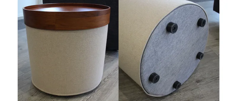 Optional sind die Hocker in den Größen "hoch" und "groß" auch mit Sockel erhältlich - die kleinen Füße (ca. 2,2 cm) verändern die Gesamthöhe des DRUM Hockers nicht