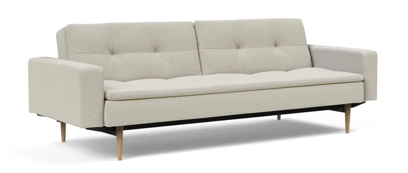 Das DUBLEXO Schlafsofa mit Polsterarmlehnen im Stoff Mixed Dance Natural (527) mit hellen Styletto-Eichenholzfüßen