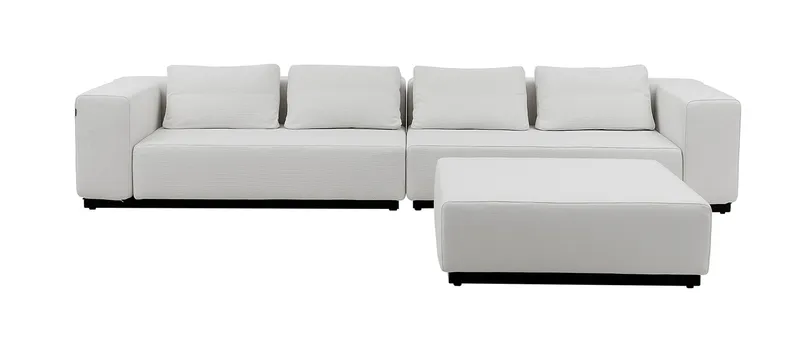 Zwei NEVADA 2 Personen Schlafsofas von Softline zu einem bequemen Viersitzer kombiniert - der Hocker kann als flexibler Longchair genutzt werden