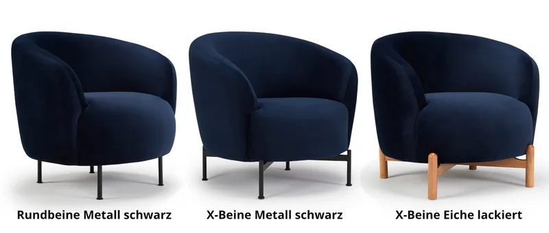 Für den Designersessel ESPOO sind 3 verschiedene Fußvarianten verfügbar - Rundbeine Metall schwarz, X-Beine Metall schwarz und X-Beine Eiche lackiert