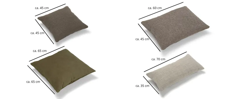 Das TURKU Kissen in vier verschiedenen Größen: ca. 45x45 cm, 60x45 cm, 70x35 cm, 65x65 cm