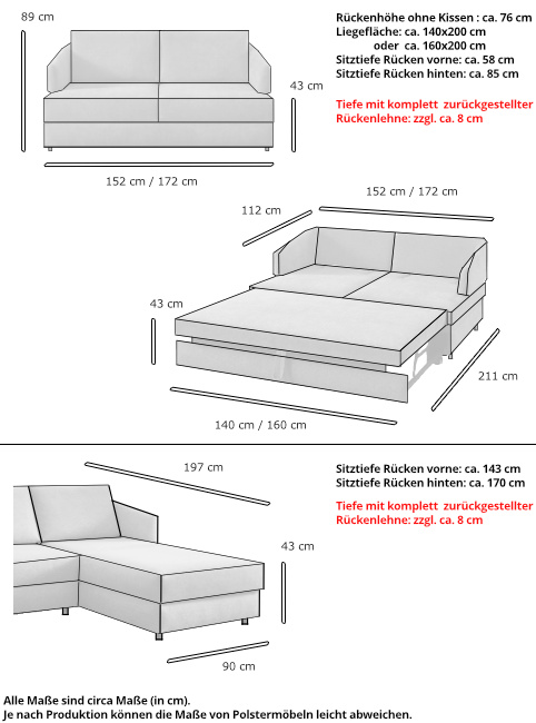 Schlafsofa mit Longchair FRANKFURT DELUXE Maße